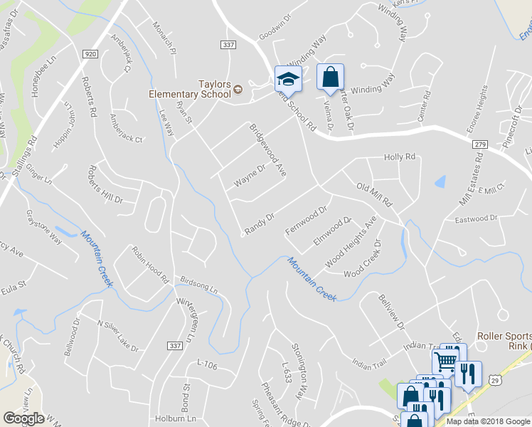 map of restaurants, bars, coffee shops, grocery stores, and more near 14 Randy Drive in Taylors