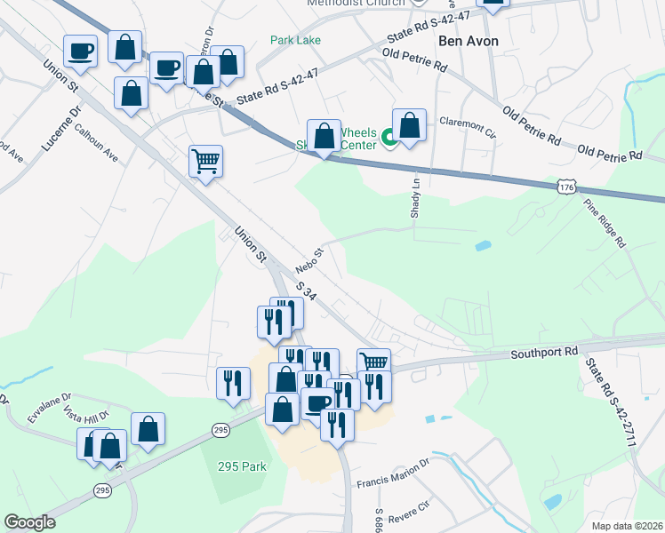 map of restaurants, bars, coffee shops, grocery stores, and more near 111 Ebel Court in Spartanburg