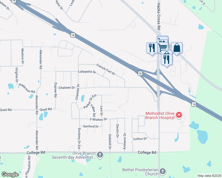 map of restaurants, bars, coffee shops, grocery stores, and more near 10691 Chateau Drive in Olive Branch