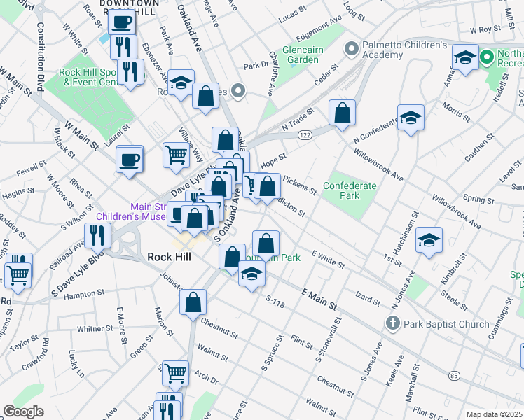 map of restaurants, bars, coffee shops, grocery stores, and more near 255 East White Street in Rock Hill