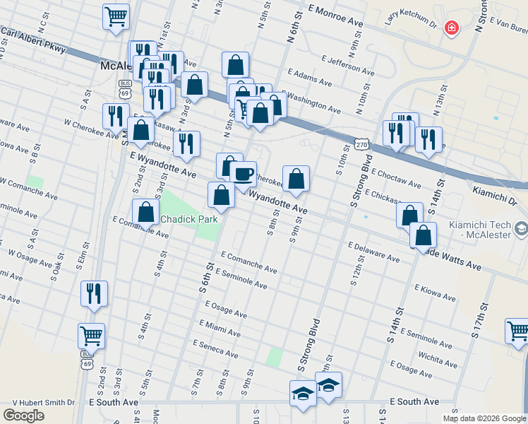 map of restaurants, bars, coffee shops, grocery stores, and more near 711 East Delaware Avenue in McAlester