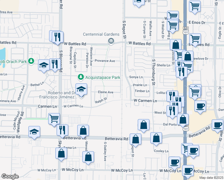 map of restaurants, bars, coffee shops, grocery stores, and more near 801 Elaine Avenue in Santa Maria