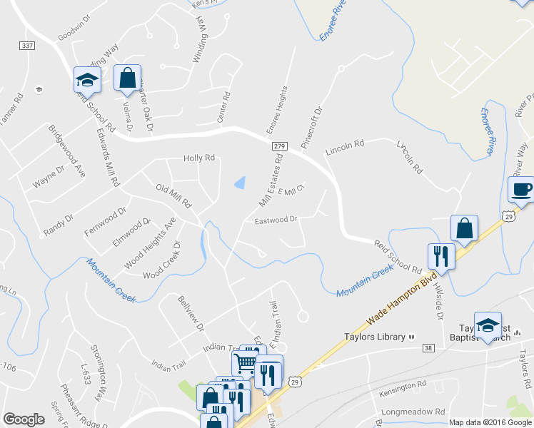 map of restaurants, bars, coffee shops, grocery stores, and more near 5 Eastwood Drive in Taylors
