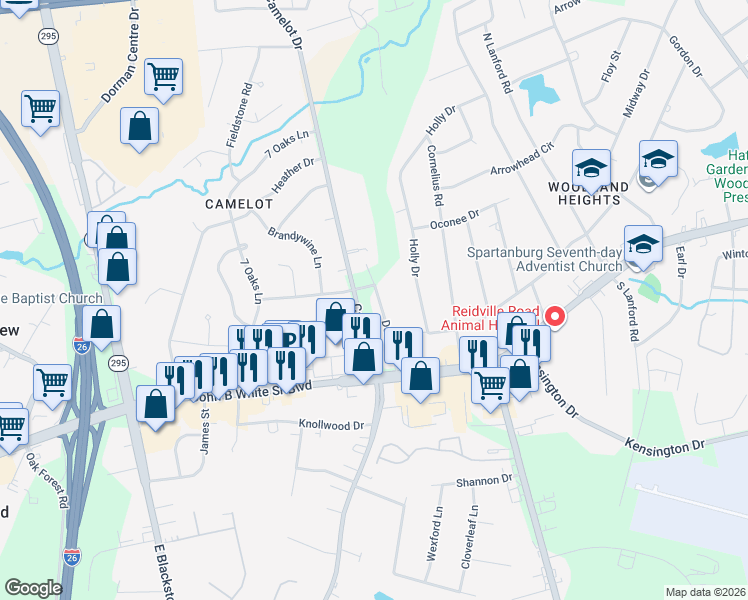 map of restaurants, bars, coffee shops, grocery stores, and more near 119 Delray Drive in Spartanburg