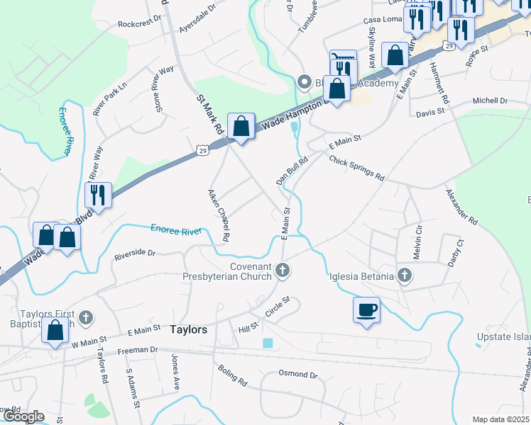 map of restaurants, bars, coffee shops, grocery stores, and more near 6 Riverhill Court in Taylors