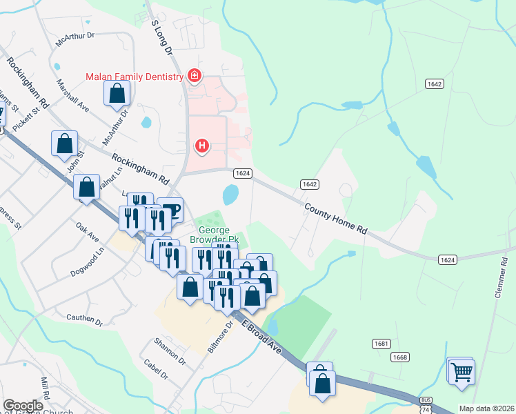 map of restaurants, bars, coffee shops, grocery stores, and more near 1119 Avalon Drive in Rockingham