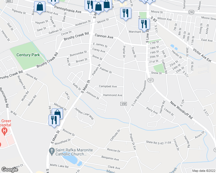 map of restaurants, bars, coffee shops, grocery stores, and more near 206 Campbell Avenue in Greer