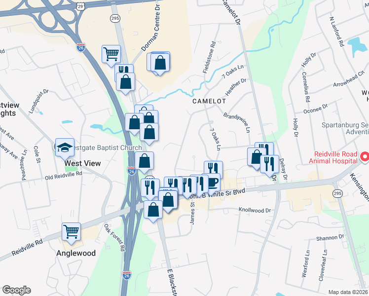 map of restaurants, bars, coffee shops, grocery stores, and more near 128 Heather Drive in Spartanburg