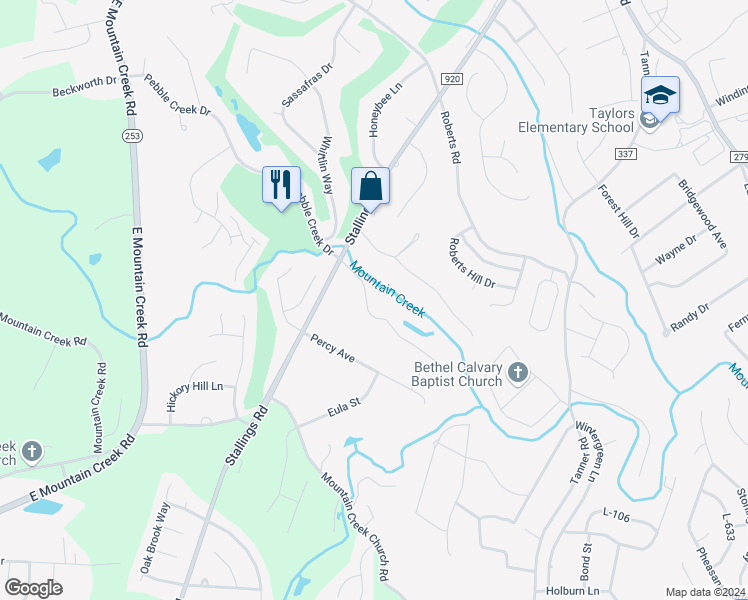 map of restaurants, bars, coffee shops, grocery stores, and more near 6 Graystone Way in Taylors