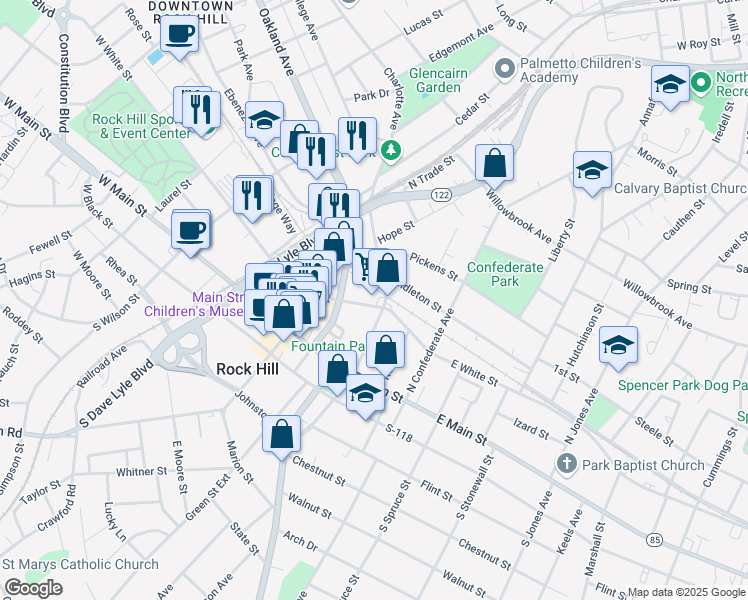 map of restaurants, bars, coffee shops, grocery stores, and more near 255 East White Street in Rock Hill