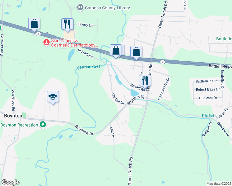 map of restaurants, bars, coffee shops, grocery stores, and more near 256 Old Mill Lane in Ringgold