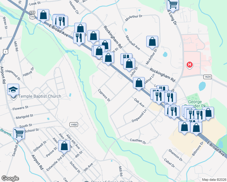 map of restaurants, bars, coffee shops, grocery stores, and more near 942 Thomas Street in Rockingham