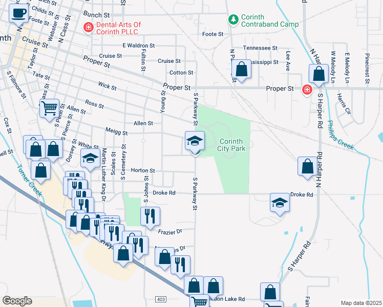 map of restaurants, bars, coffee shops, grocery stores, and more near 1212 North Parkway Street in Corinth
