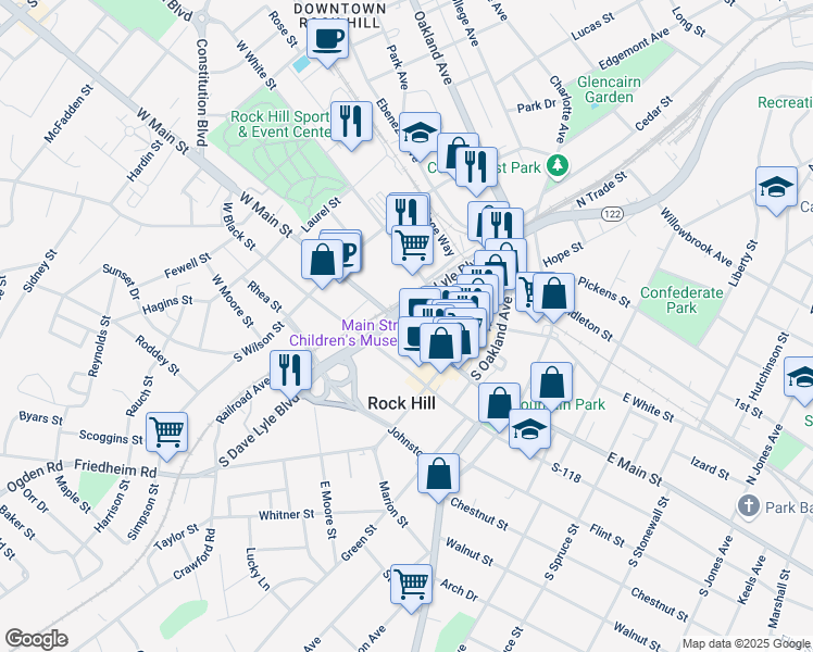 map of restaurants, bars, coffee shops, grocery stores, and more near 121 East Main Street in Rock Hill