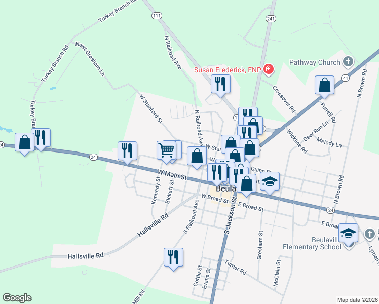 map of restaurants, bars, coffee shops, grocery stores, and more near in Beulaville