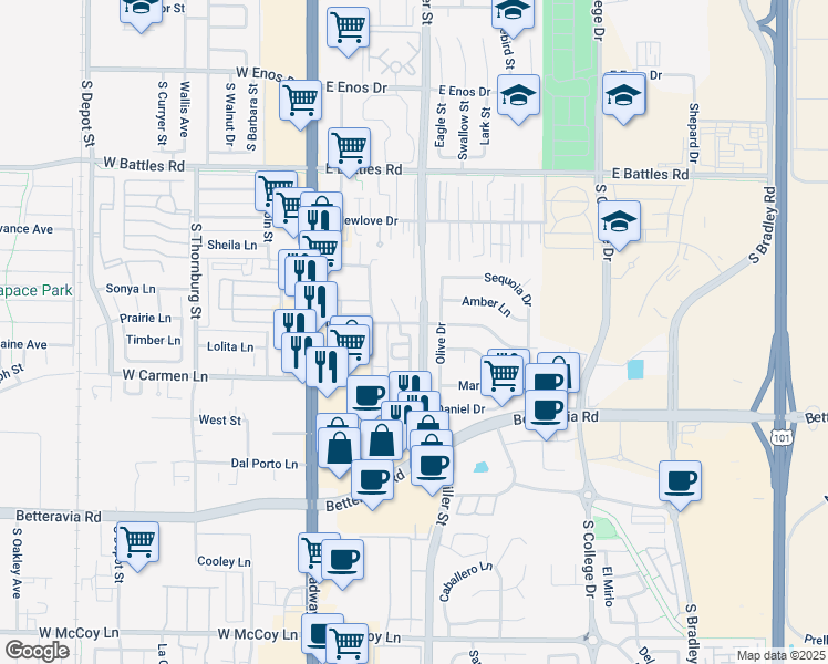map of restaurants, bars, coffee shops, grocery stores, and more near 1925 Miller Street in Santa Maria