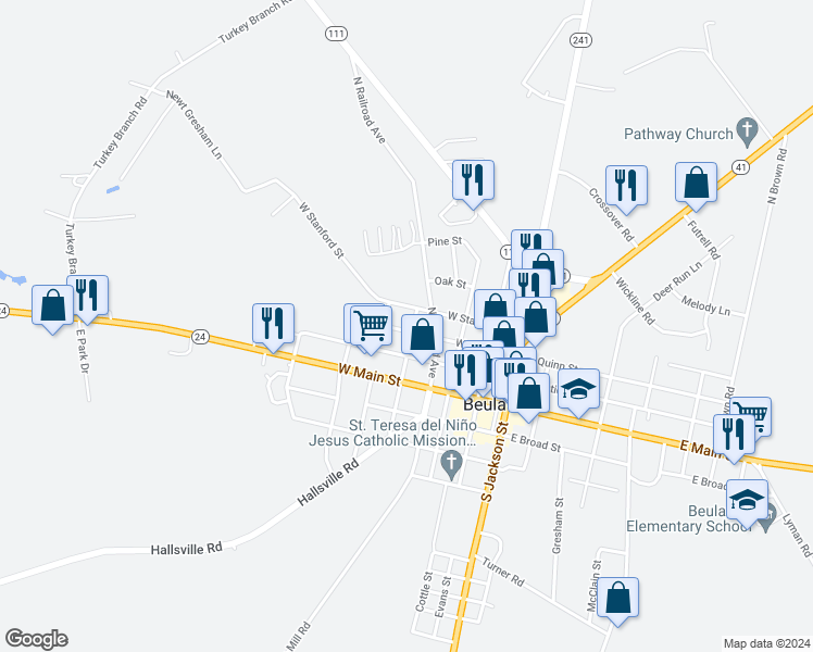 map of restaurants, bars, coffee shops, grocery stores, and more near 113 Cornerstone Drive in Beulaville