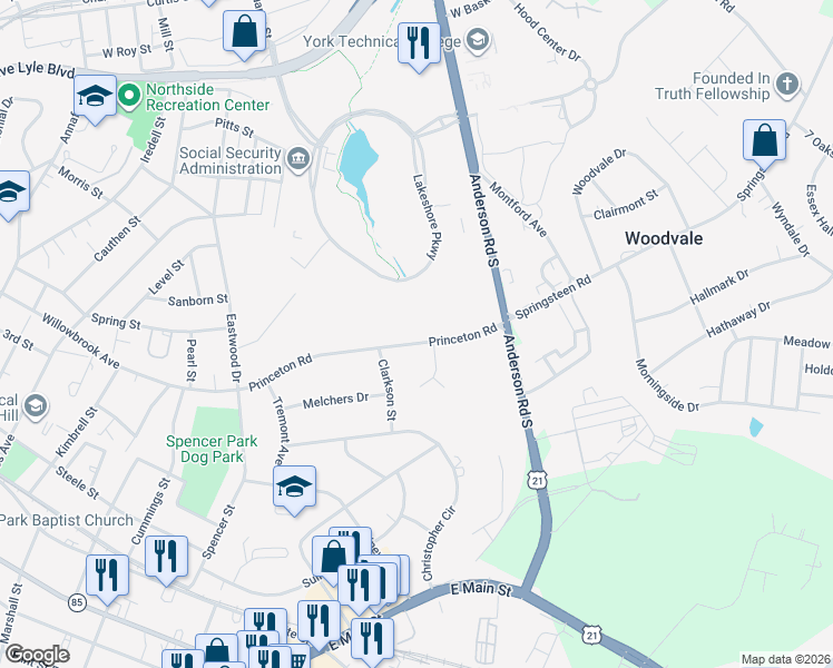 map of restaurants, bars, coffee shops, grocery stores, and more near 1005 Prince Lane in Rock Hill