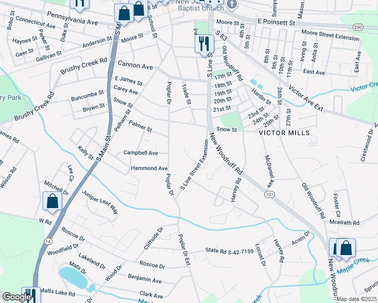 map of restaurants, bars, coffee shops, grocery stores, and more near 722 South Line Street Extension in Greer