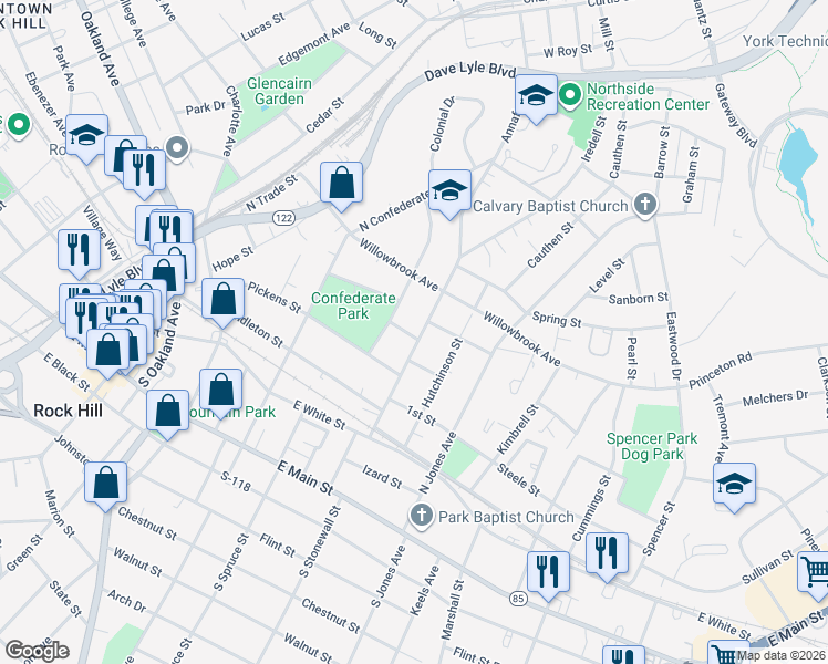 map of restaurants, bars, coffee shops, grocery stores, and more near 413 Annafrel Street in Rock Hill