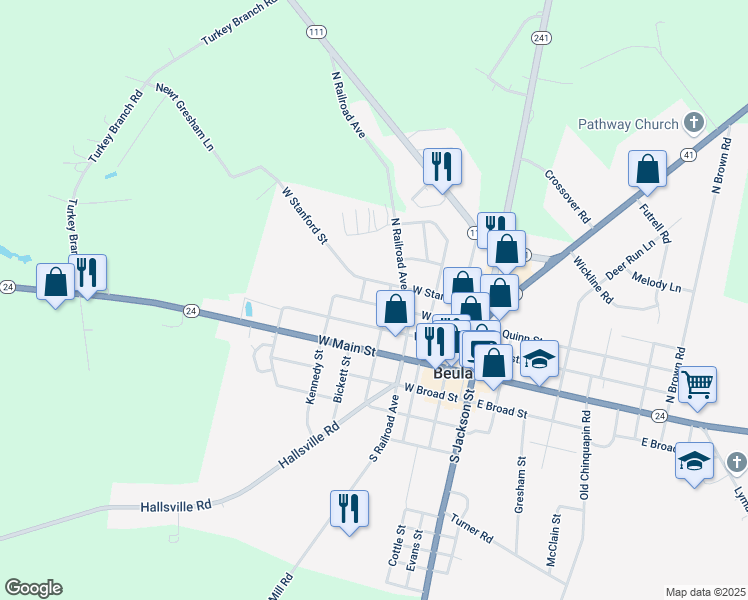 map of restaurants, bars, coffee shops, grocery stores, and more near 127 Cornerstone Drive in Beulaville