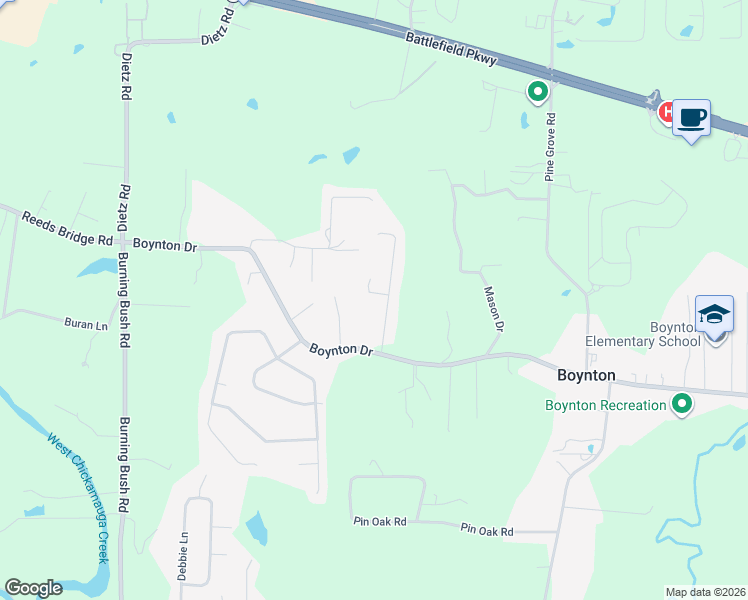 map of restaurants, bars, coffee shops, grocery stores, and more near 115 Joe-Tike Drive in Ringgold