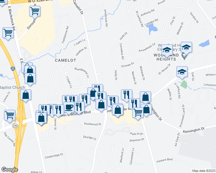 map of restaurants, bars, coffee shops, grocery stores, and more near 122 Delray Drive in Spartanburg