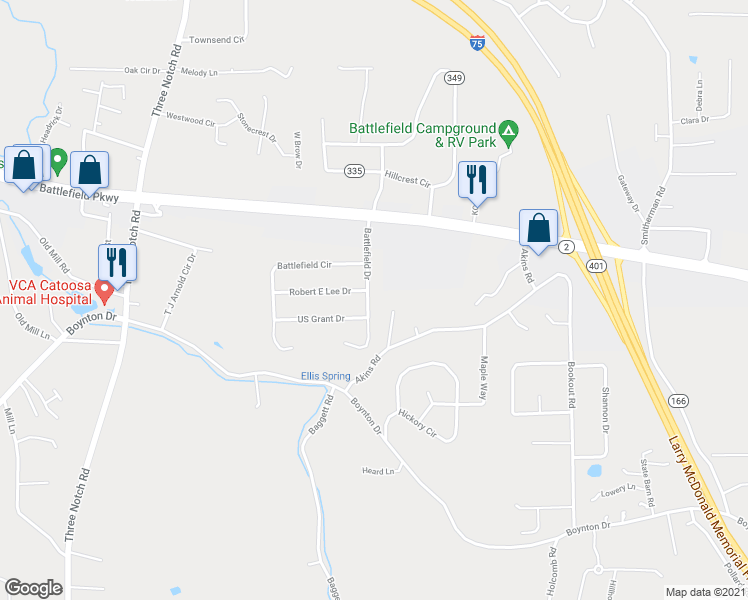 map of restaurants, bars, coffee shops, grocery stores, and more near 207 Battlefield Drive in Ringgold