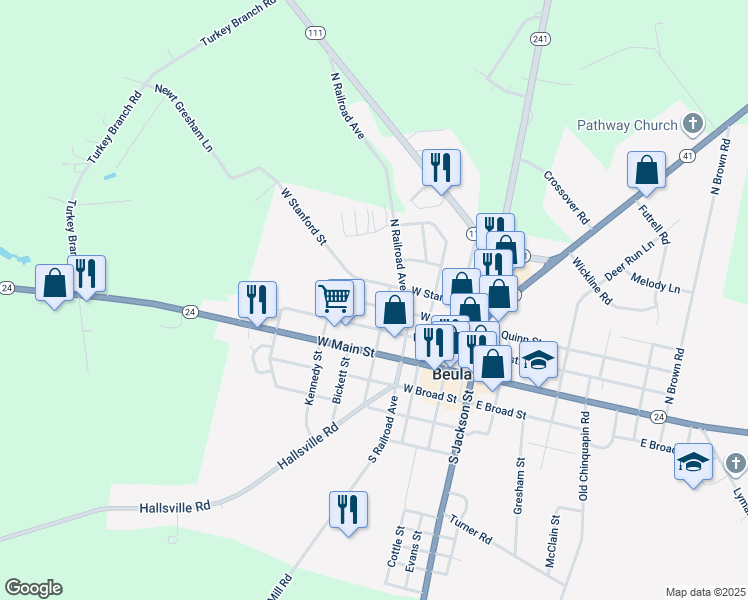 map of restaurants, bars, coffee shops, grocery stores, and more near 127 Cornerstone Drive in Beulaville