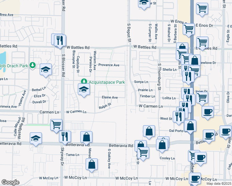 map of restaurants, bars, coffee shops, grocery stores, and more near 821 Elaine Avenue in Santa Maria