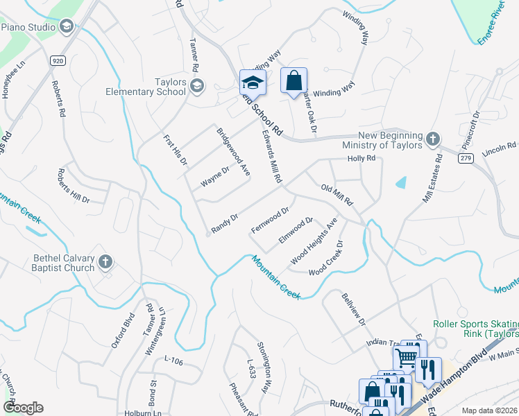 map of restaurants, bars, coffee shops, grocery stores, and more near 16 Fernwood Drive in Taylors