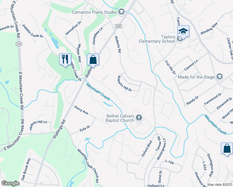 map of restaurants, bars, coffee shops, grocery stores, and more near 201 Ginger Lane in Taylors