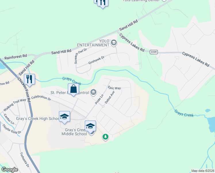 map of restaurants, bars, coffee shops, grocery stores, and more near 5136 Pride Lane in Hope Mills