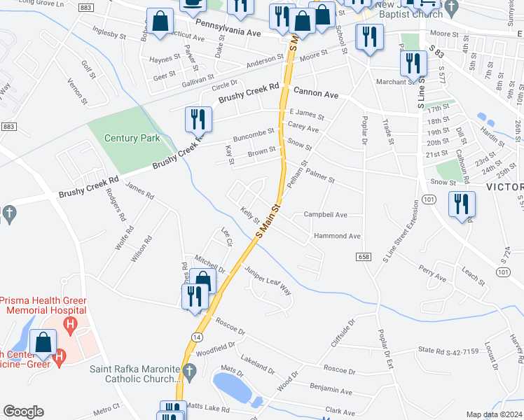 map of restaurants, bars, coffee shops, grocery stores, and more near 800 South Main Street in Greer
