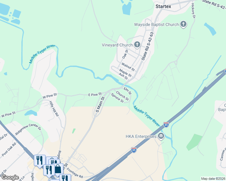 map of restaurants, bars, coffee shops, grocery stores, and more near 7 Church Street in Startex