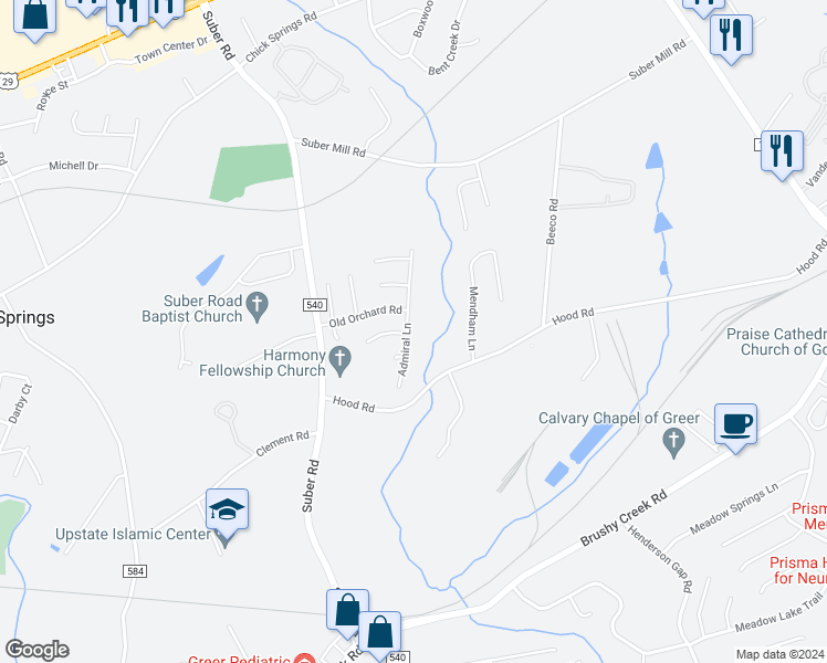 map of restaurants, bars, coffee shops, grocery stores, and more near 5 Admiral Lane in Greer