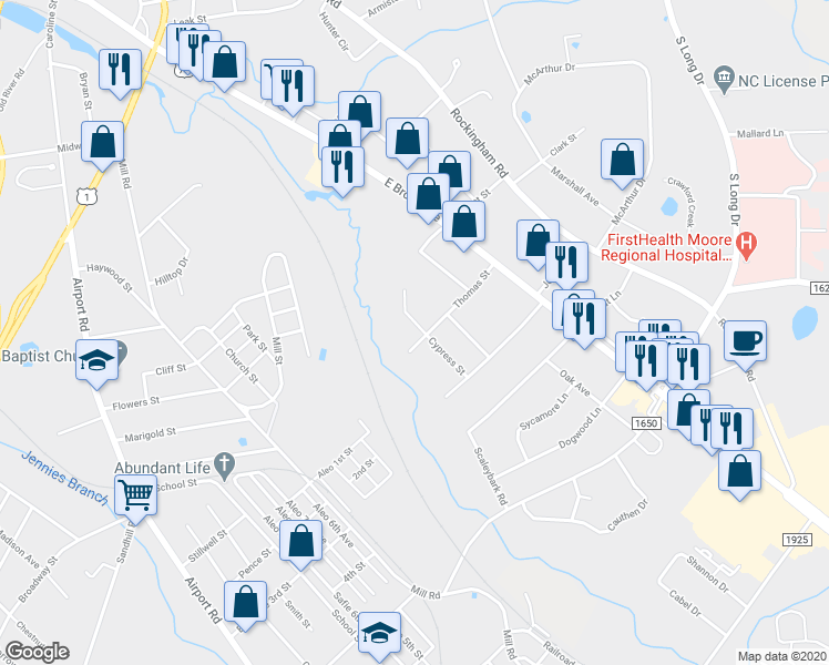 map of restaurants, bars, coffee shops, grocery stores, and more near 1401 Beaverwood Court in Rockingham