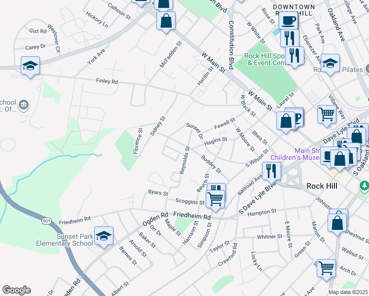 map of restaurants, bars, coffee shops, grocery stores, and more near 20 Hagins Street in Rock Hill