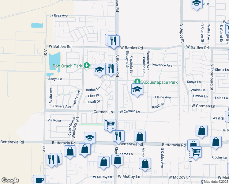 map of restaurants, bars, coffee shops, grocery stores, and more near 1240 Bethel Lane in Santa Maria