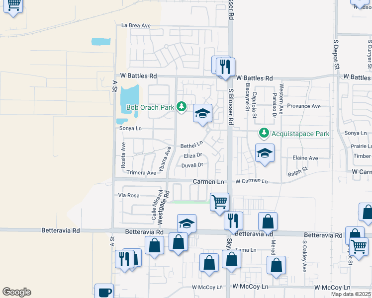 map of restaurants, bars, coffee shops, grocery stores, and more near 1322 Bethel Lane in Santa Maria