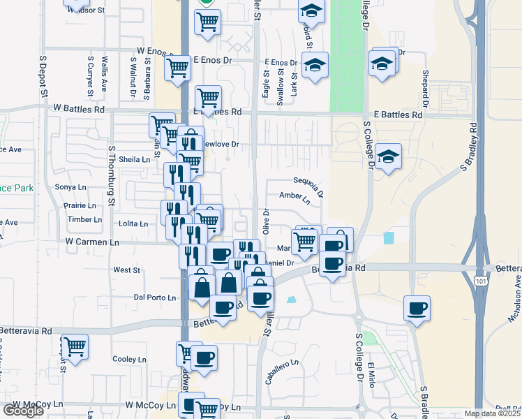 map of restaurants, bars, coffee shops, grocery stores, and more near 321 Inger Drive in Santa Maria