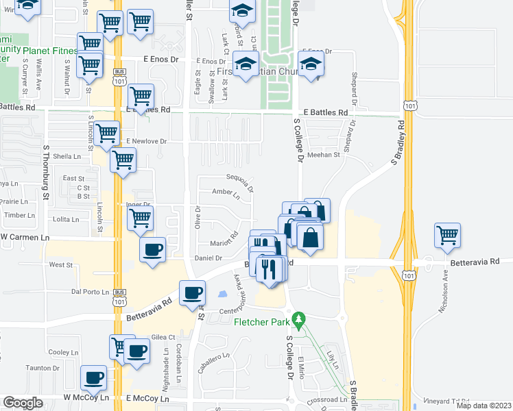 map of restaurants, bars, coffee shops, grocery stores, and more near 1886 Sequoia Drive in Santa Maria