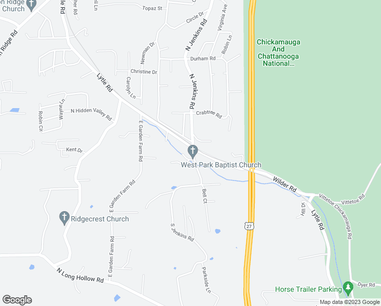 map of restaurants, bars, coffee shops, grocery stores, and more near 30 South Jenkins Road in Chickamauga