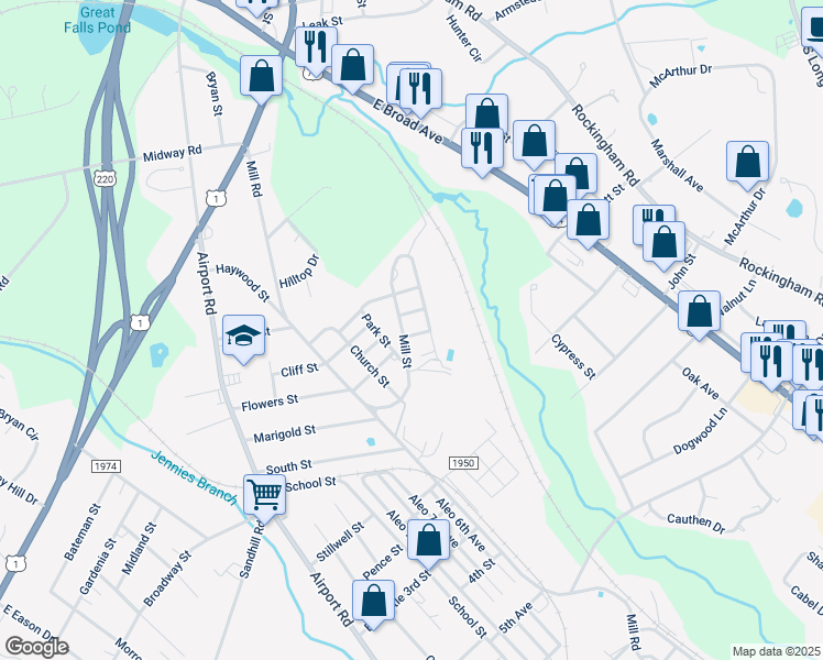 map of restaurants, bars, coffee shops, grocery stores, and more near 116 Hannah Pickett 7th Avenue in Rockingham