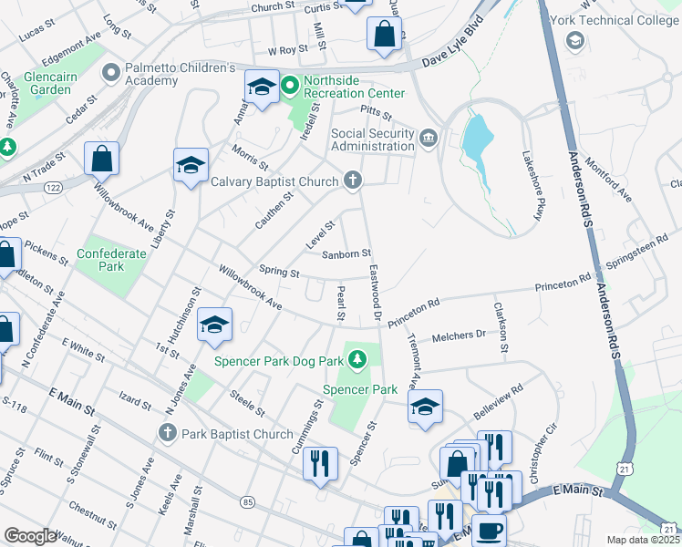 map of restaurants, bars, coffee shops, grocery stores, and more near 542 Pearl Street in Rock Hill