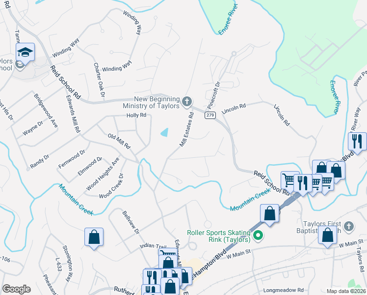 map of restaurants, bars, coffee shops, grocery stores, and more near 5 Eastwood Drive in Taylors