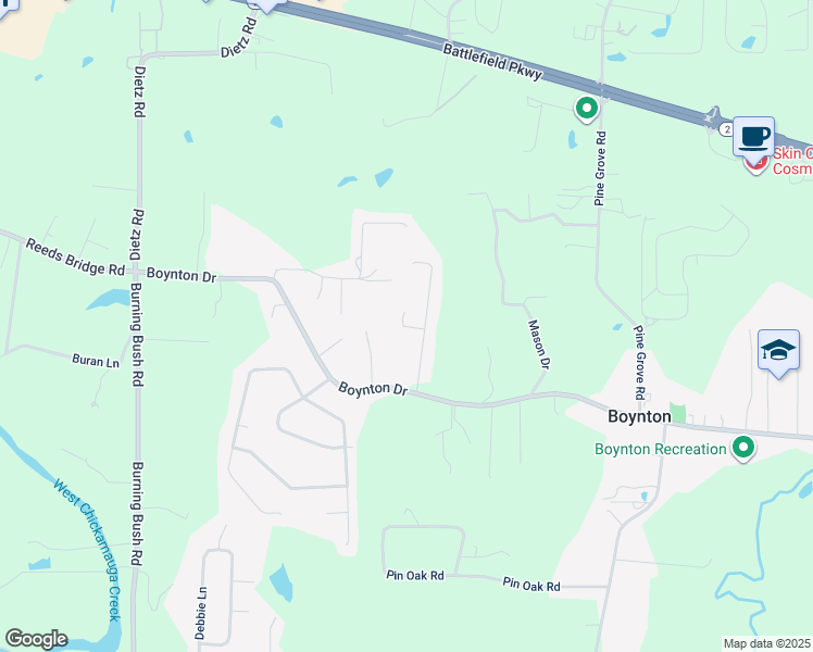 map of restaurants, bars, coffee shops, grocery stores, and more near 115 Joe-Tike Drive in Ringgold