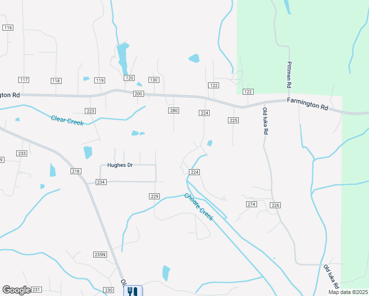 map of restaurants, bars, coffee shops, grocery stores, and more near County Road 224 in Corinth