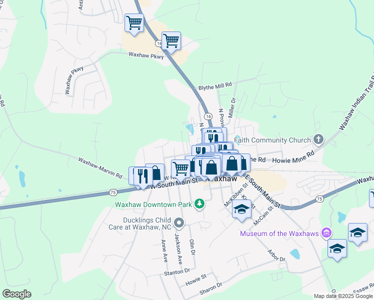 map of restaurants, bars, coffee shops, grocery stores, and more near 300 North Broad Street in Waxhaw
