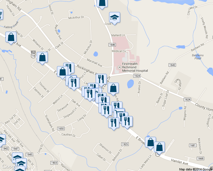 map of restaurants, bars, coffee shops, grocery stores, and more near 1107 South Long Drive in Rockingham
